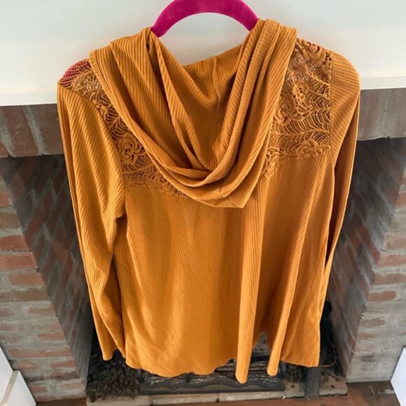 Maurice’s Large Mustard Yellow Hooded Lace Insert Cardigan Long Sleeve Autumn - Picture 5 of 6